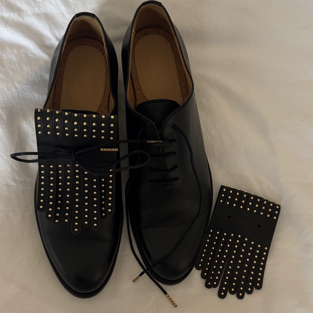 Black Women's Leather Lace-Up Oxfords with Gold Stud Fringe